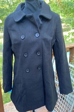 Allegra K Mid-Thigh Black Double Breasted Long Coat Womens Large NEW