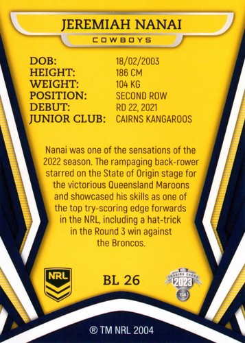 2023 NORTH QUEENSLAND COWBOYS NRL Card JEREMIAH NANAI Special Edition - Bild 2 von 3