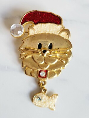 Kitty Cat Brooch Pin Christmas Kitty in Santa Hat Dangle Fish 2''x1.75'' #10-4