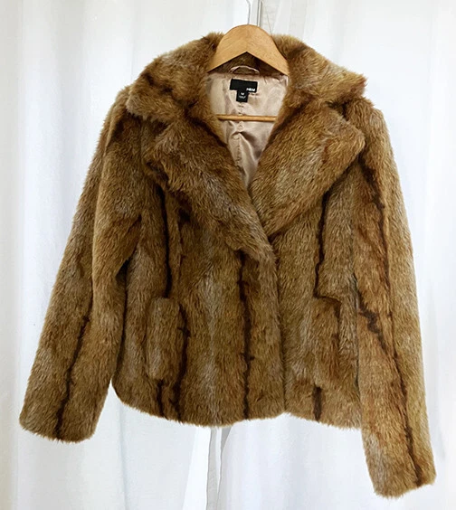 H M Women s Fox Coyote Faux Fur Coat Fully Lined Medium