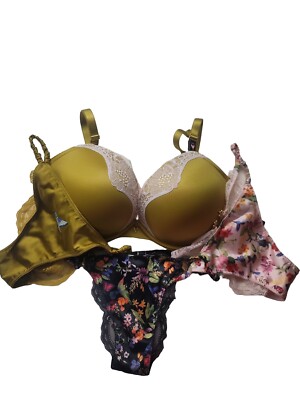 4piece Victoria's Secret Very Sexy Push-Up Bra Trim Golden 34DDD+S Panty set NWT