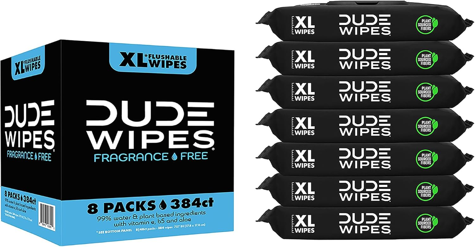 Dude Wipes,Flushable, 8 Pack, 384 Wipes - Fragrance Free Extra-Large