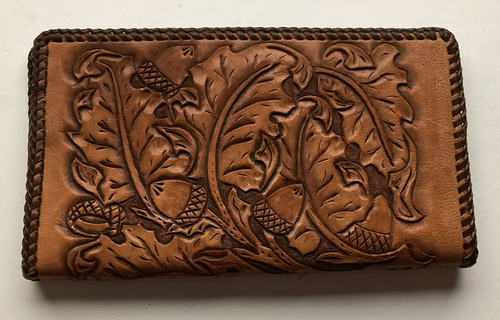 Wallet Hand Tooled Stitched Leather Billfold Western Floral Acorn Pattern Bifold