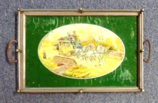 Victorian Era Reverse Painted Foil Art Horse Drawn Carriage Serving Tray