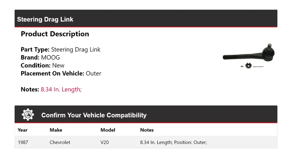 Внешнее тяговое звено рулевого управления для 1987 Chevrolet V20 MOOG - Изображение 2 из 4
