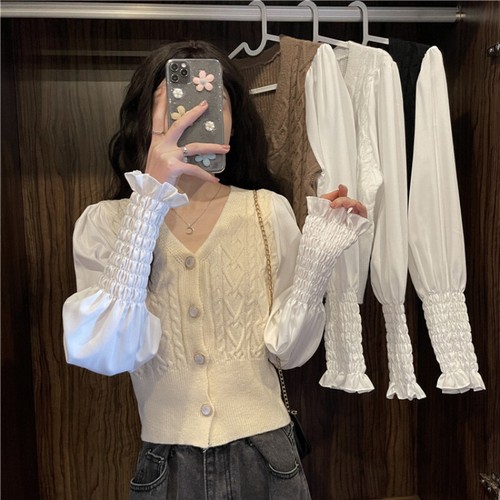 Women Ribbed Knit Cardigan Shirt Crop Top Puff Sleeves Sweater Jumper Korean - Picture 2 of 16