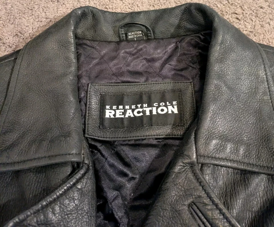 Abrigo Chaqueta De Colección Kenneth Cole Doble Pecho Cuero Negro Para Hombre Grande Foto 4 de 4