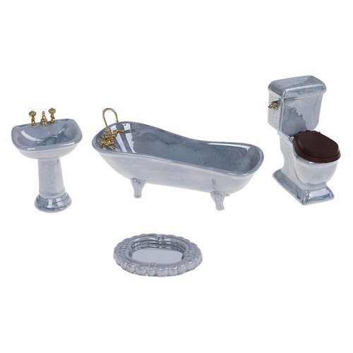 1:12 Dollhouse miniature blue porcelain bathroom set toilet basin bathtub !ex - Picture 4 of 10