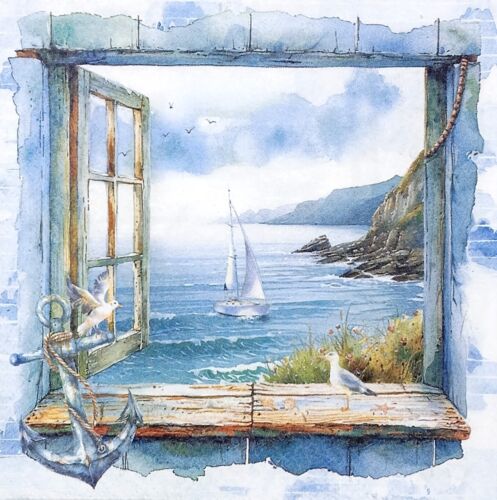 U229# 3 x Single Paper Napkins For Decoupage Seagull Anchor Window View Sea Ship - Picture 2 of 12