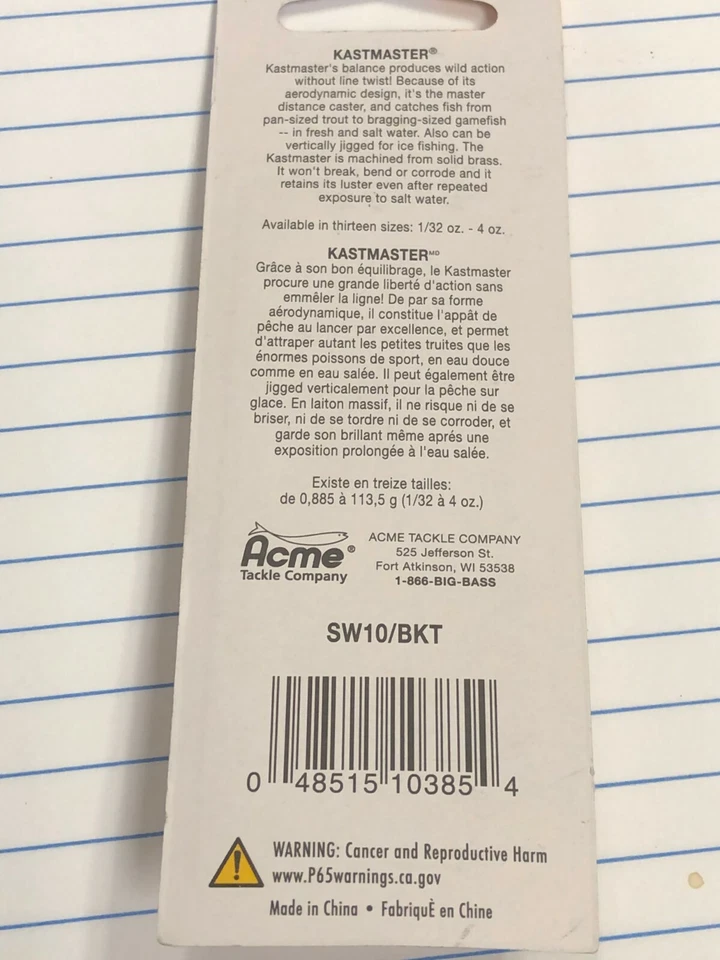 Kastmaster, SW10/BKT, 1/4 oz., Made in USA, ACME TACKLE COMPANY, Big Bass - Image 2 of 2