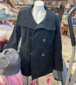 Classic black double-breasted peacoat is a size Large (12-14).