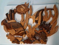1960's Carved Wood School of MCM Fish Handmade Wall Hanging Art Wood Fish Plaque