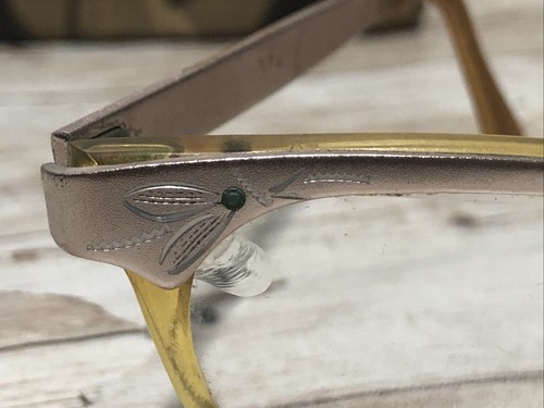 Vintage Imperial Cat Eye Glasses Transparent Amber w Pink Etched Design + Case - Picture 6 of 22