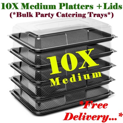 10 MITTLERE schwarze Sandwichplatten + Deckel & Etiketten wiederverwendbar Buffet, Party Display