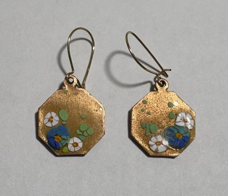 Juego de pendientes y colgantes florales vintage de cobre esmaltados a mano Foto 3 de 4