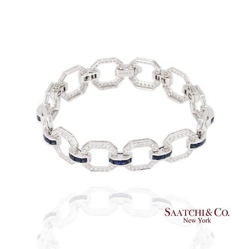 Bracciale donna diamanti zaffiro 18 kt oro bianco 7,42 pollici Milgrain art deco - Foto 7 di 9