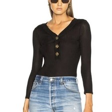FRAME Womens Black Ribbed Henley Bodysuit XS Long Sleeve