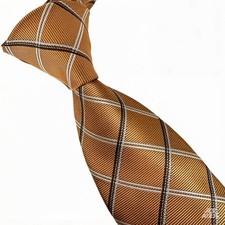 New Classic Check Gold Brown White Woven Skinny 100 Silk Men's Tie Necktie