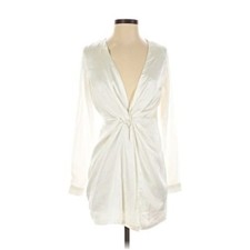 Fashion Nova silky white satin mini dress plunge neckline long sleeve size XS
