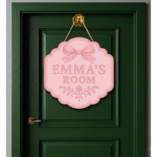 Personalized Pink Wood Door Sign Custom Name Plaque Girl's Room Decor Floral Bow