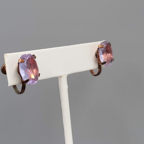 Vintage Clip on Earrings Bronze tone Purple Unknown Stud Screw Back 1/2" - Picture 10 of 12