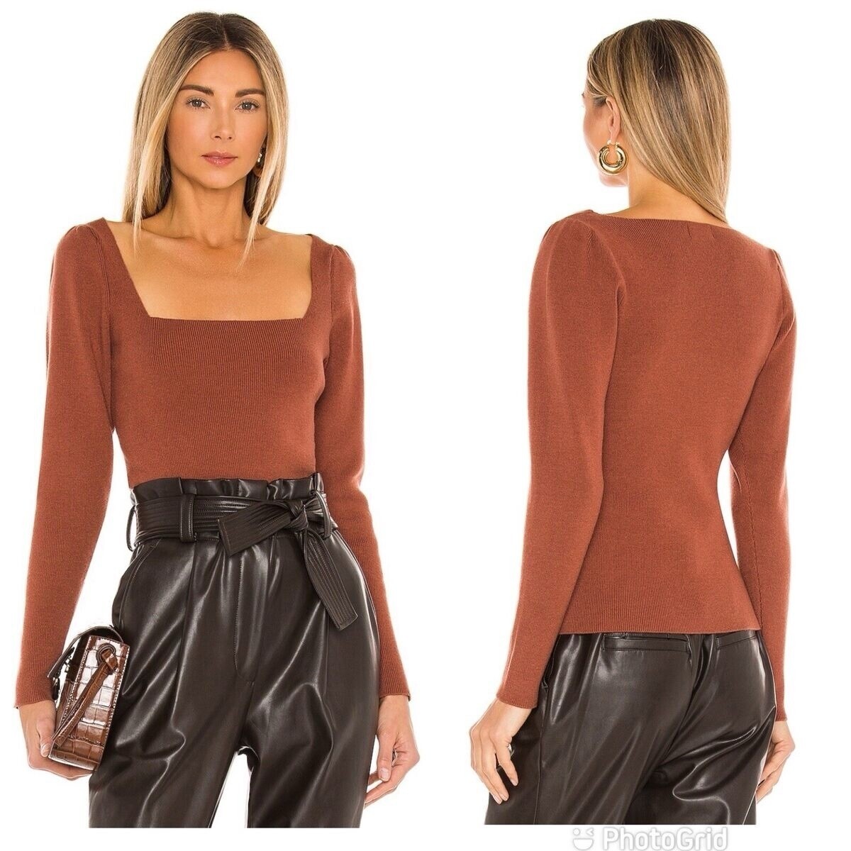 Camila Coelho Square Neck Top Puff Sleeve Knit Sweater Rust Brown XXS