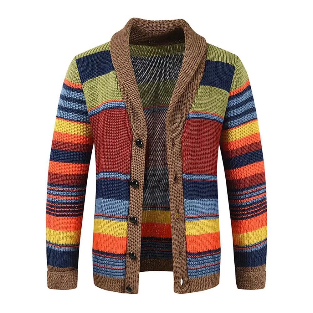 Men's Rainbow Lapel Sweater Coat Winter Knit Color Block Cardigan Jacket  Outwear