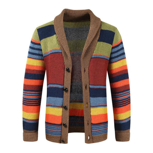 Men's Rainbow Lapel Sweater Coat Winter Knit Color Block Cardigan Jacket Outwear - Afbeelding 1 van 11