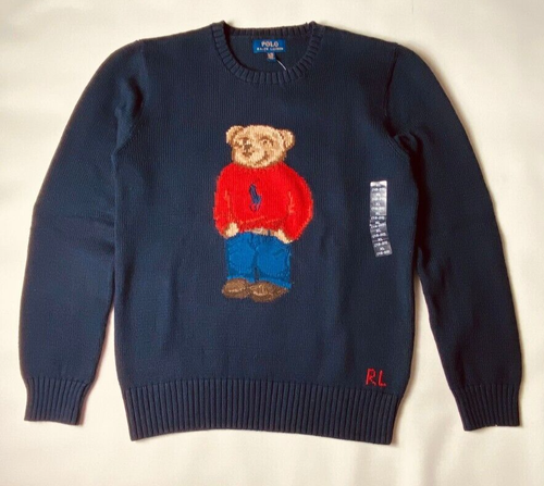 Maglione polo orso nuovo con etichette di Ralph Lauren maglia blu navy XL giovane SML adulto