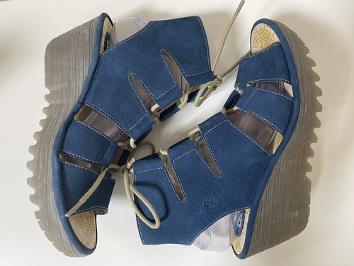 FLY LONDON GHILLIE WEDGES Azul Gamuza Cuero EU 39 US 8.5 Hasta el Tobillo Gladiador - Imagen 7 de 13