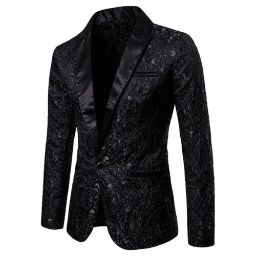 Men Formal Brocade Embroidered Suit Jacket Peak Lapel Blazer Single Breasted - Picture 9 of 10