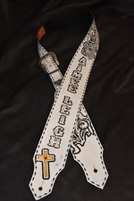 Guitar strap leather tooled all hand made in USA new design white floral 3" 2pc