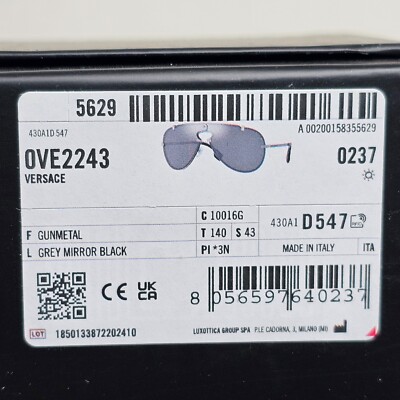 Versace Sunglasses Pilot Shield Gunmetal Grey Mirror MOD VE 2243
