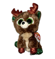 Ty Beanie Boo Christmas Reindeer Brown Red Green Fudge Stuffed Toy With Tag