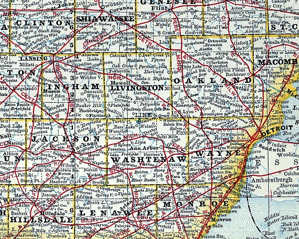Mapa ferroviario Rand McNally 1881 Michigan Detroit Lansing Ann Arbor Kalamazoo MI Foto 4 de 4