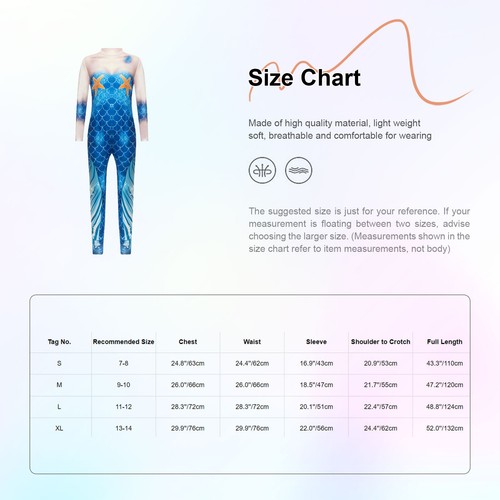 Girls Fish Scales Print Unitard Full Body Jumpsuit Mermaid Cosplay Performance - Picture 134 of 149