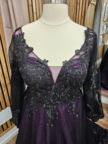Brautkleider Spitze schwarz+lila Gothic Langarm A-Linie Brautkleider - Bild 5 von 12