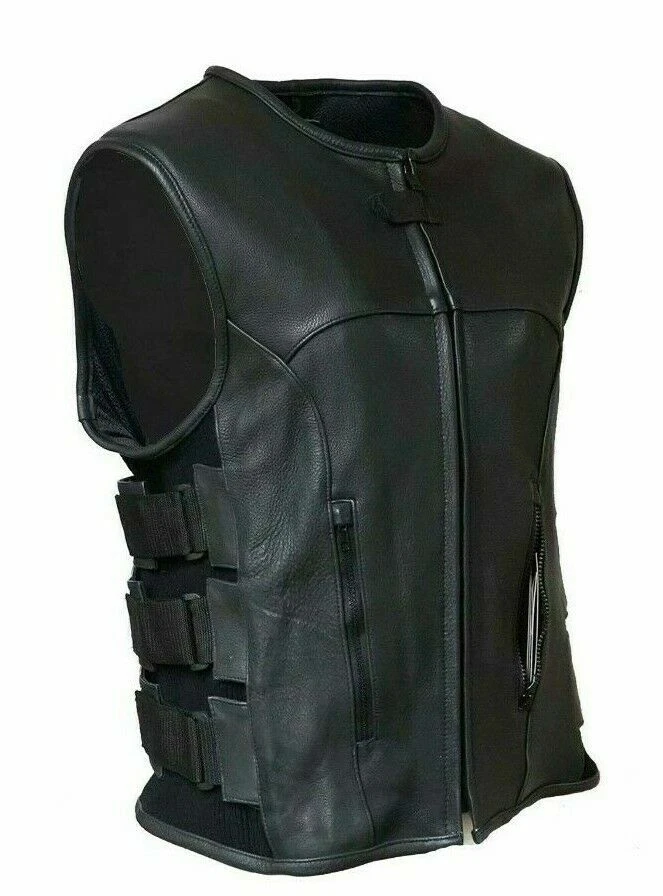 Swat Style Leather Vest Mens Motorcycle Biker Tactical Black Stretch Elastic