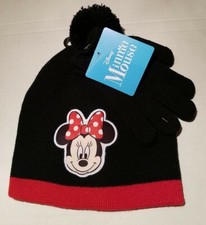 NEW Kids Minnie Mouse KNIT POM POM Beanie Glove SET Disney BLACK/RED Disney