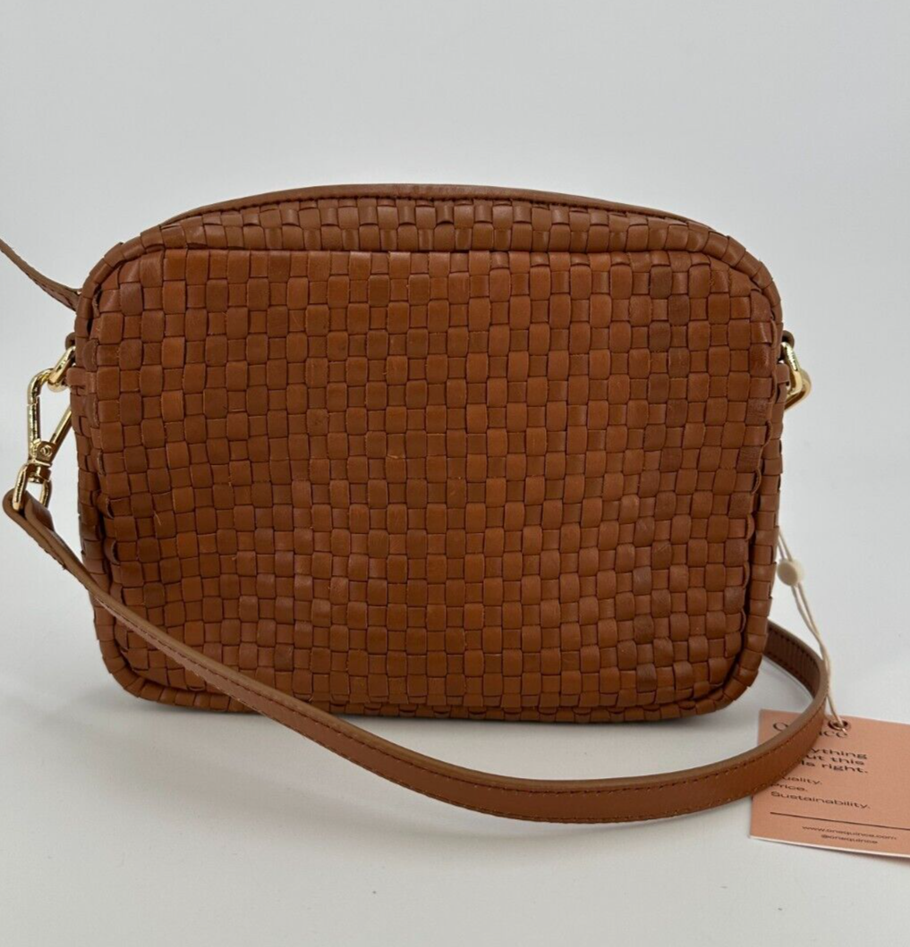 Quince Italian Leather Handwoven Camera Crossbody Bag in Cognac Brown