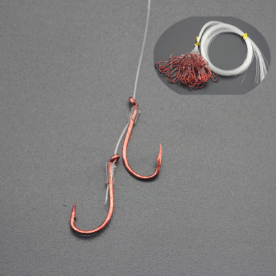 ebay online shopping fishing hooks size 12 50458 50pcs/lot SNELLED HOOKS Twin Uni Double Knot Red Hooks Size 4# 75cm nylon  line