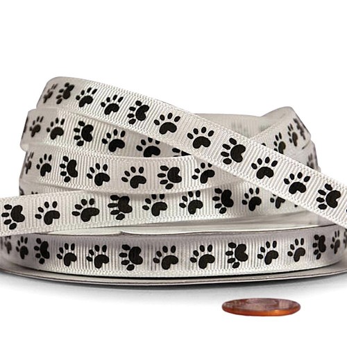 3/8" Wide Paw Print Grosgrain Ribbon - 25 Yds (White with Black Paws) (5819310)