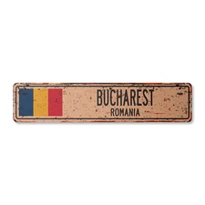 BUCHAREST ROMANIA Vintage Street Sign Romanian flag city country road rustic