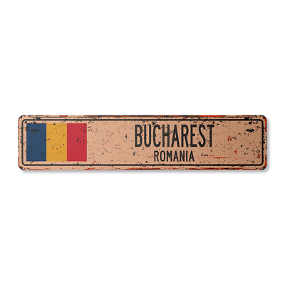 BUCHAREST ROMANIA Vintage Street Sign Romanian flag city country road rustic