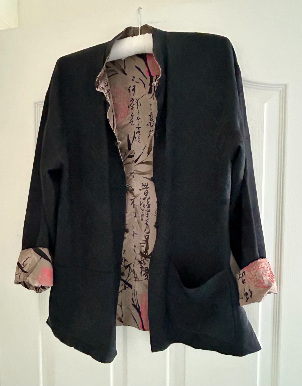 Jacket silk reversible mandarin collar pockets Sz… - image 3