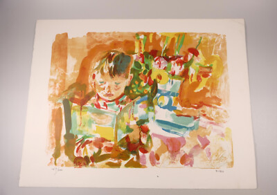 Emil Ven Grafik coloriert Kind mit Buch orange blau 167/200