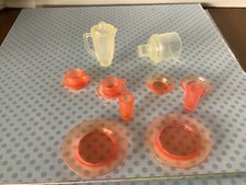 Barbie kitchen, light pink clear glasses, plates, saucer, and blender parts
