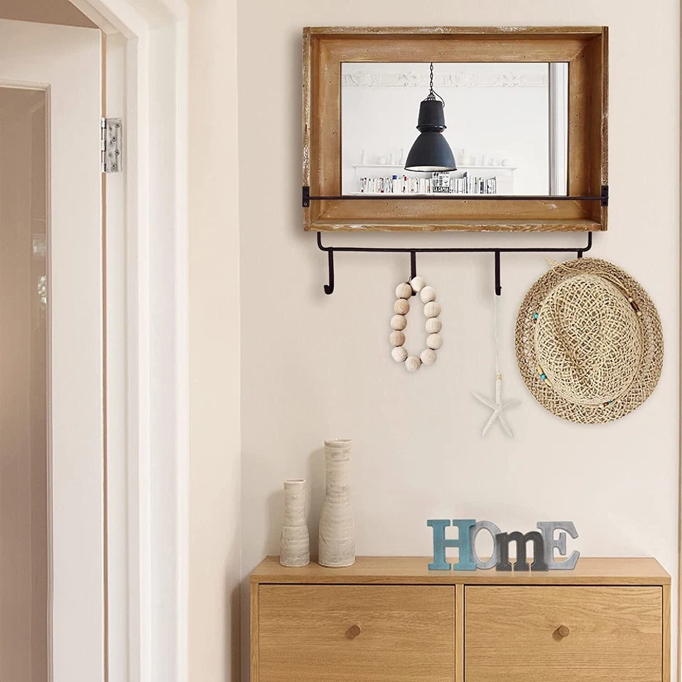 Wood Wall Mirror with Hooks Shelf, Rustic Wooden Frame Hanging Wall Mirror - Image 3 of 4