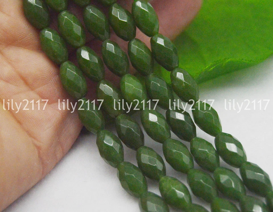 Cuentas sueltas de piedras preciosas naturales con forma de arroz de jade verde facetado de 8x12 mm 15"" Foto 3 de 3