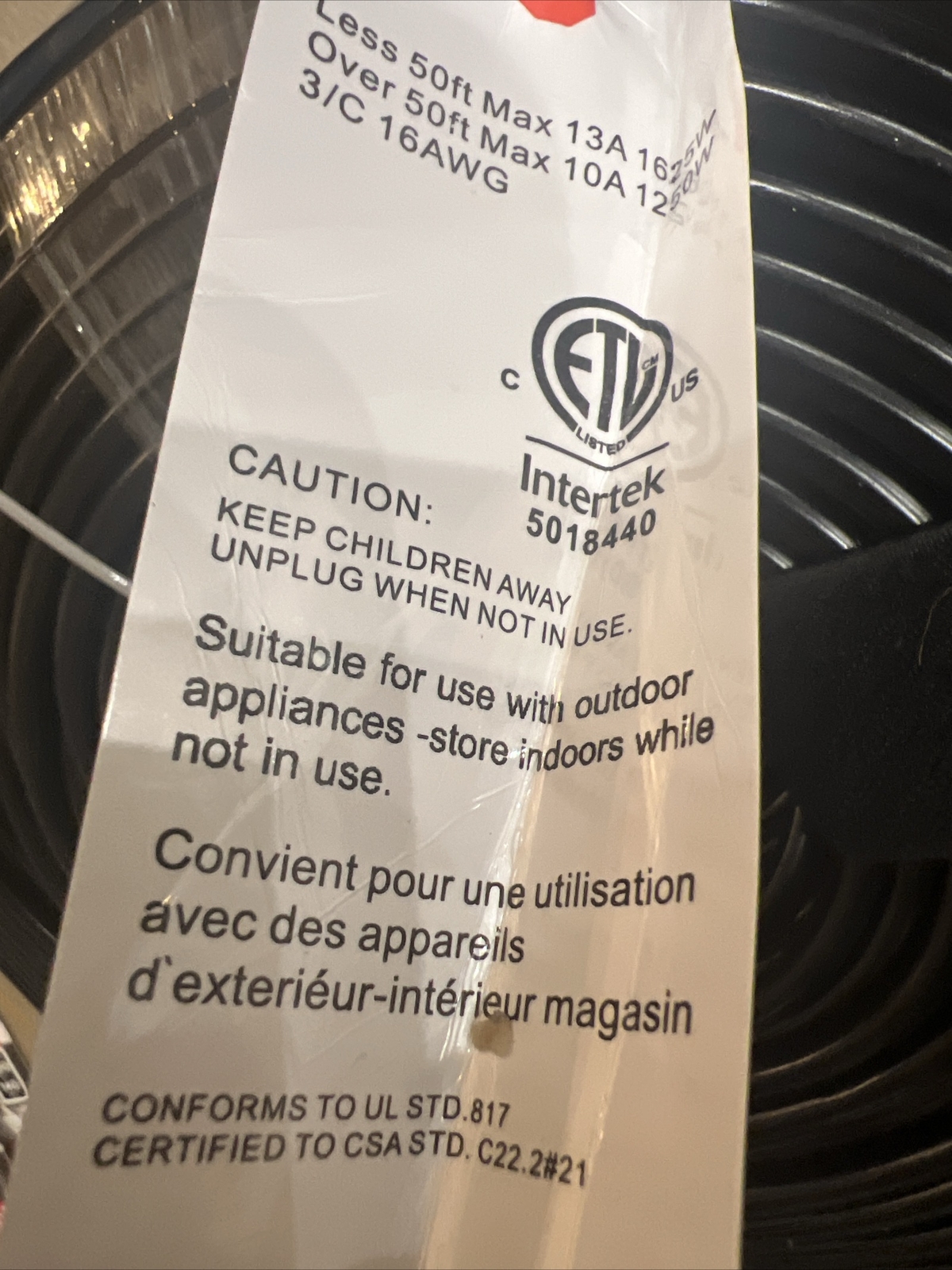 Intertek 16/3 Gauge 200 ft Black Outdoor Extension Cord Waterproof with
